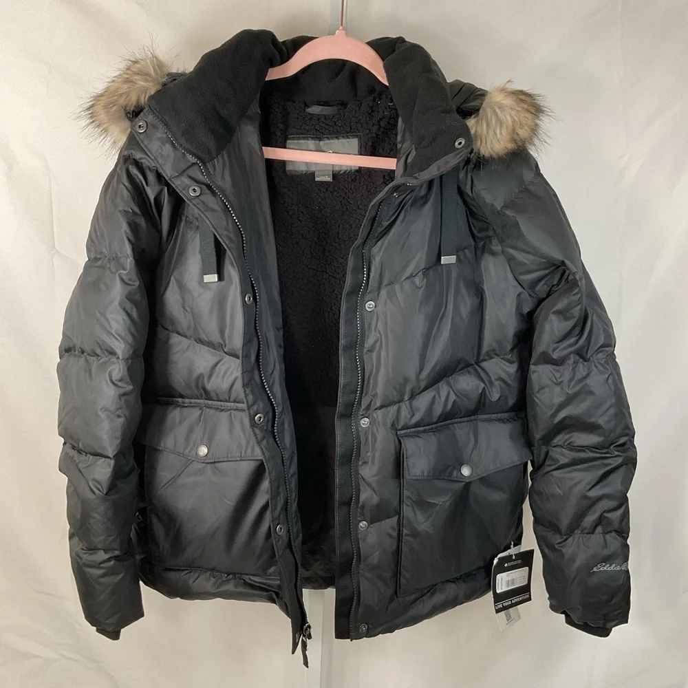 Eddie Bauer Black Faux-Fur Trim Puffer Jacket - Picture 1 of 8